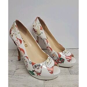 YCG Peep Toe Platform Heels Santa Christmas Holiday SZ 7 White Festive Pumps